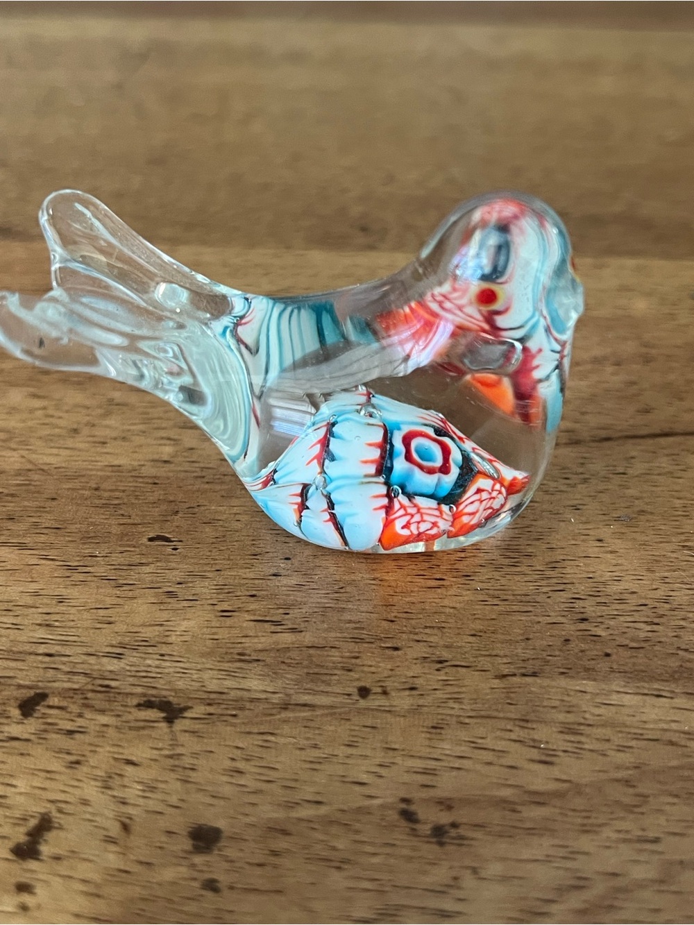 Clear Glass Decorative Bird Figurine with Blue and Red Accents